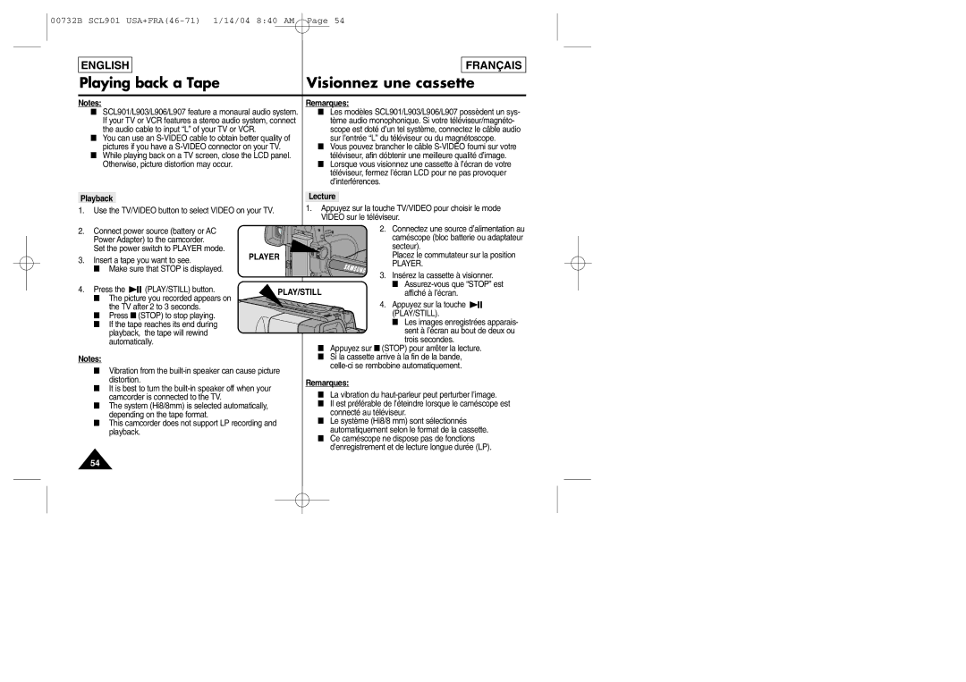 Samsung SCL903 manual Playing back a Tape Visionnez une cassette, Playback Lecture, Player 