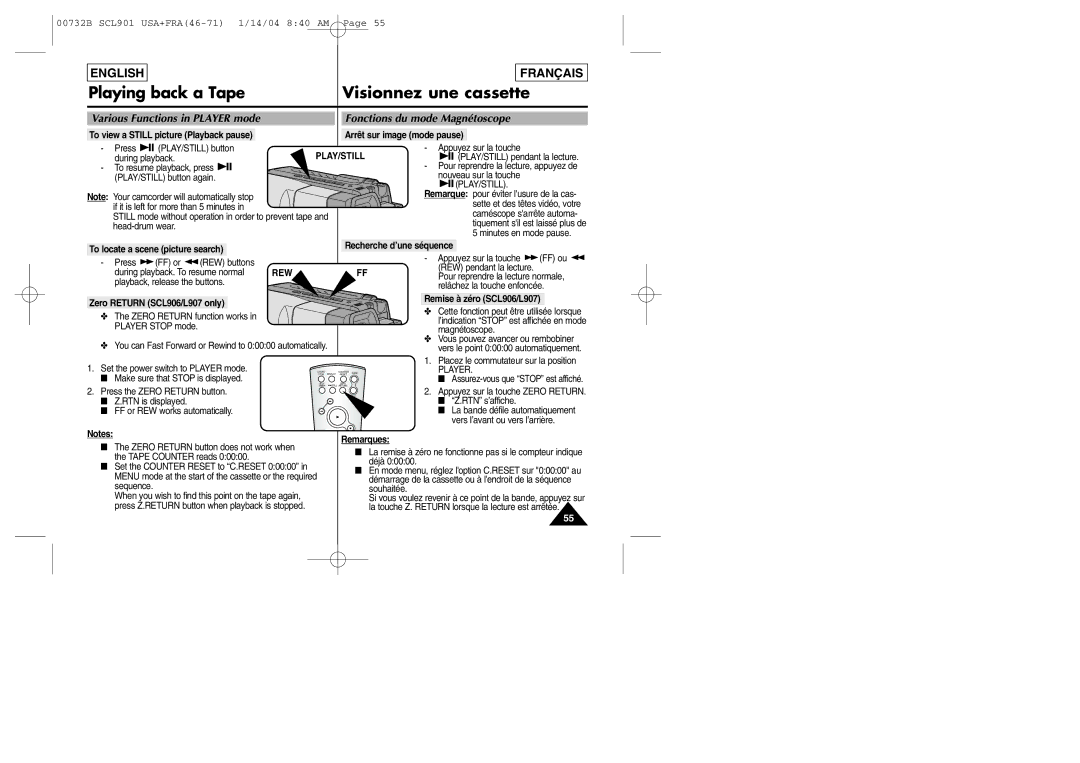 Samsung SCL903 manual Fonctions du mode Magnétoscope, Various Functions in Player mode 