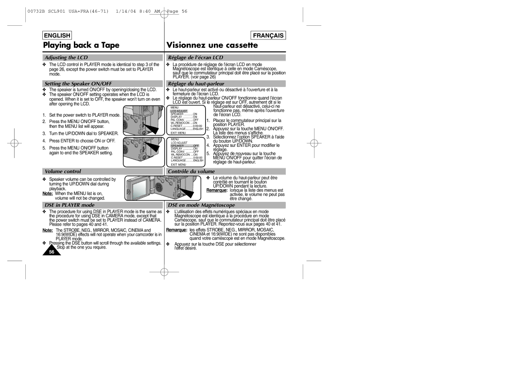 Samsung SCL903 manual Setting the Speaker ON/OFF Réglage du haut-parleur, Volume control, DSE in Player mode 