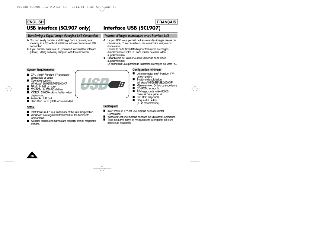 Samsung SCL903 manual USB interface SCL907 only Interface USB SCL907 