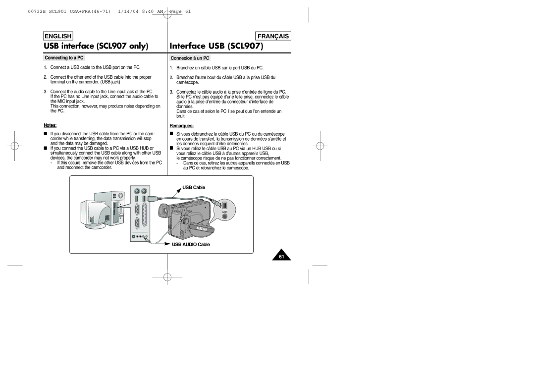 Samsung SCL903 manual Connecting to a PC Connexion à un PC 