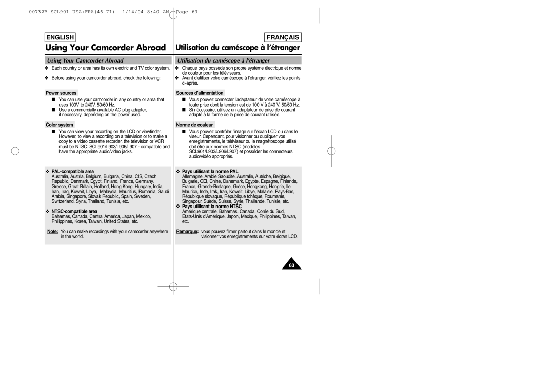 Samsung SCL903 manual Using Your Camcorder Abroad, PAL-compatible area Pays utilisant la norme PAL 