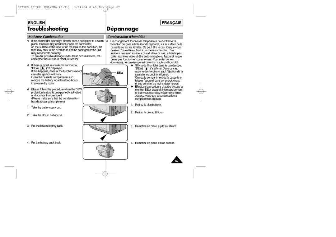 Samsung SCL903 manual Moisture Condensation Condensation dhumidité 