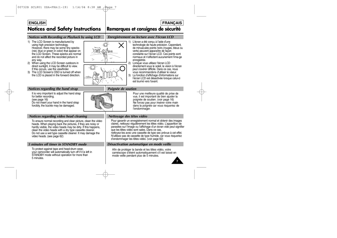 Samsung SCL903 manual Enregistrement ou lecture avec l’écran LCD, Poignée de soutien, Minutes off timer in Standby mode 