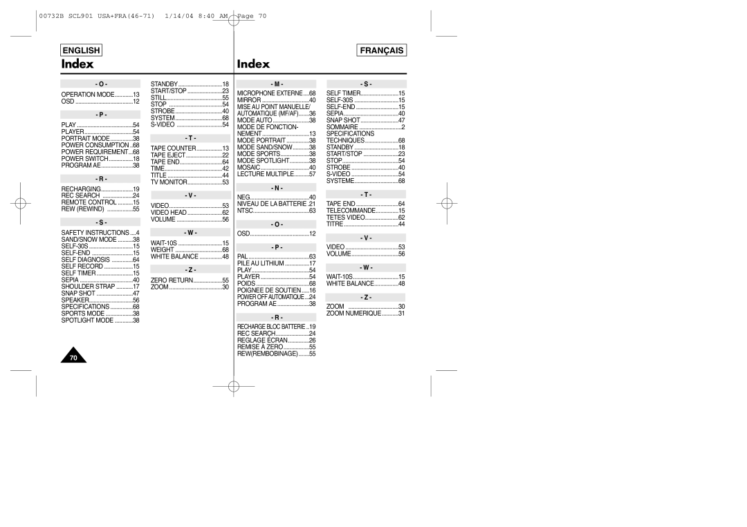 Samsung SCL903 manual Strobe, Mode DE Fonction, Specifications, Title Lecture Multiple Video, Sports Mode Zoom Numerique 