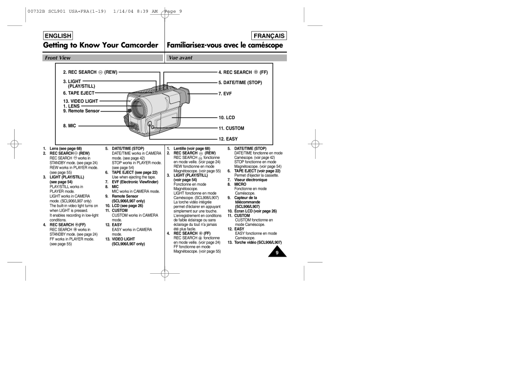 Samsung SCL903 manual Front View Vue avant, REC Search REW Light PLAY/STILL Tape Eject Video Light Lens, Custom 