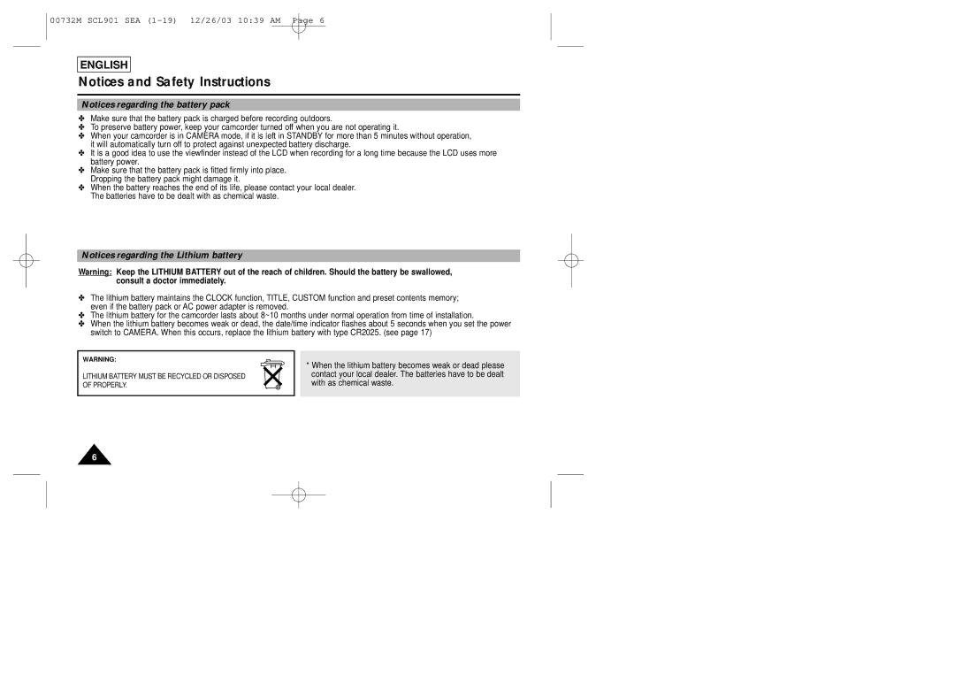 Samsung SCL906, SCL907, SCL901 manual Lithium Battery Must be Recycled or Disposed of Properly 