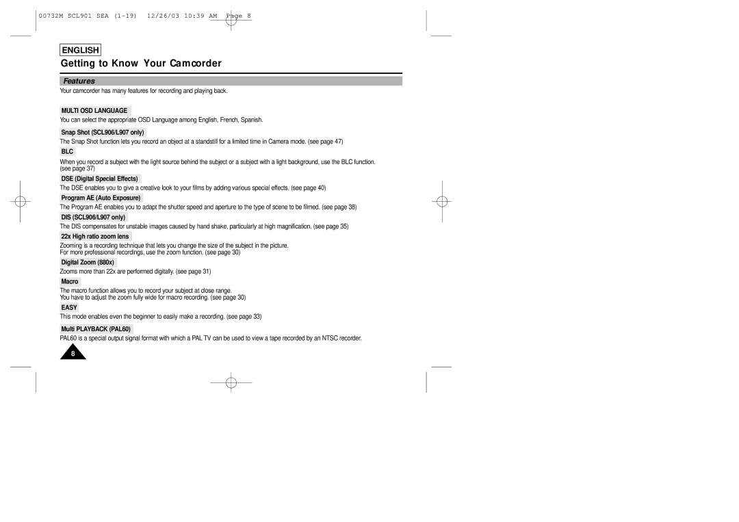 Samsung SCL907, SCL906, SCL901 manual Multi OSD Language, Blc, Easy 