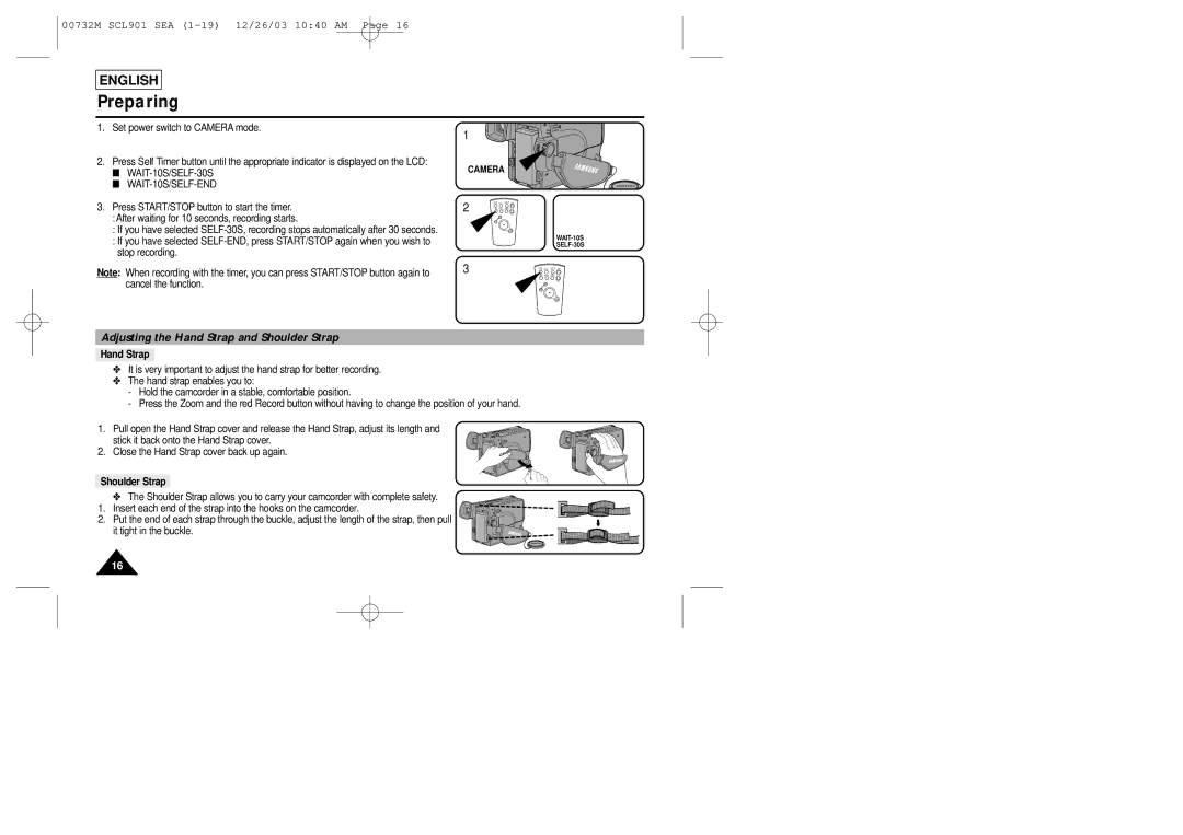 Samsung SCL901, SCL907, SCL906 manual Preparing, Adjusting the Hand Strap and Shoulder Strap 