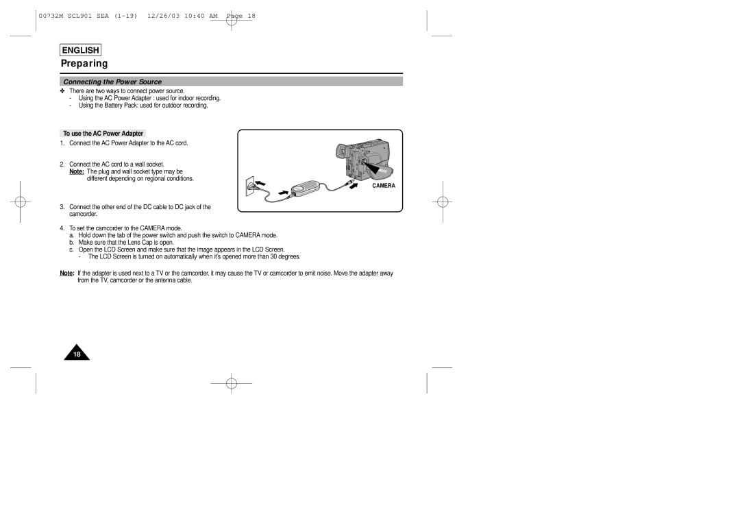 Samsung SCL906, SCL907, SCL901 manual Connecting the Power Source, To use the AC Power Adapter 