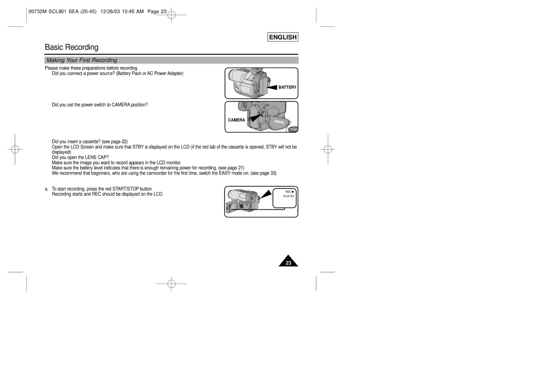 Samsung SCL907, SCL906, SCL901 manual Basic Recording, Making Your First Recording 