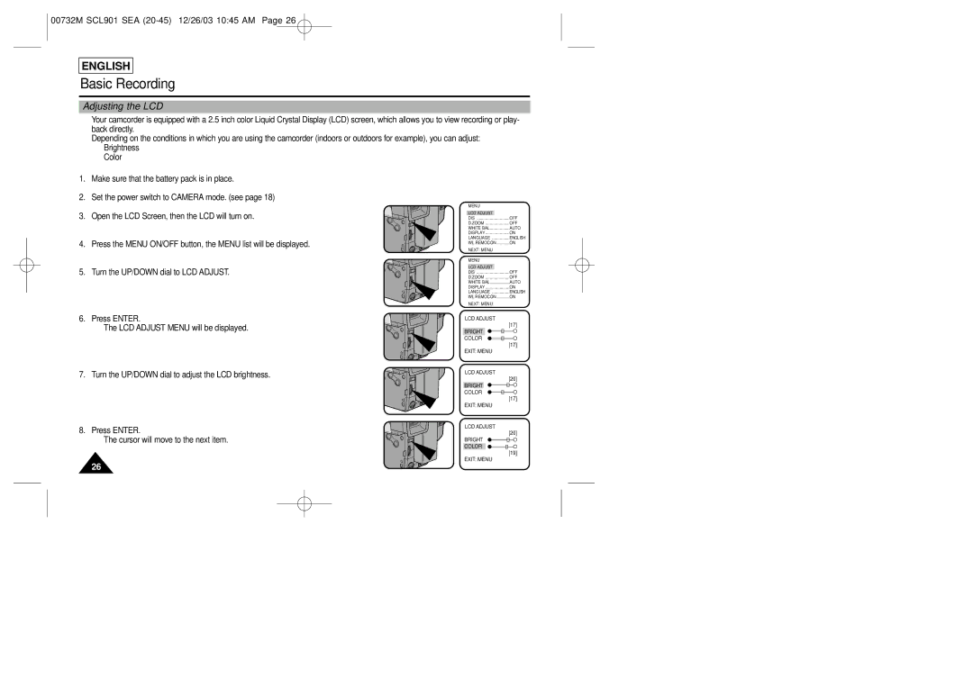 Samsung SCL907, SCL906, SCL901 manual Adjusting the LCD 