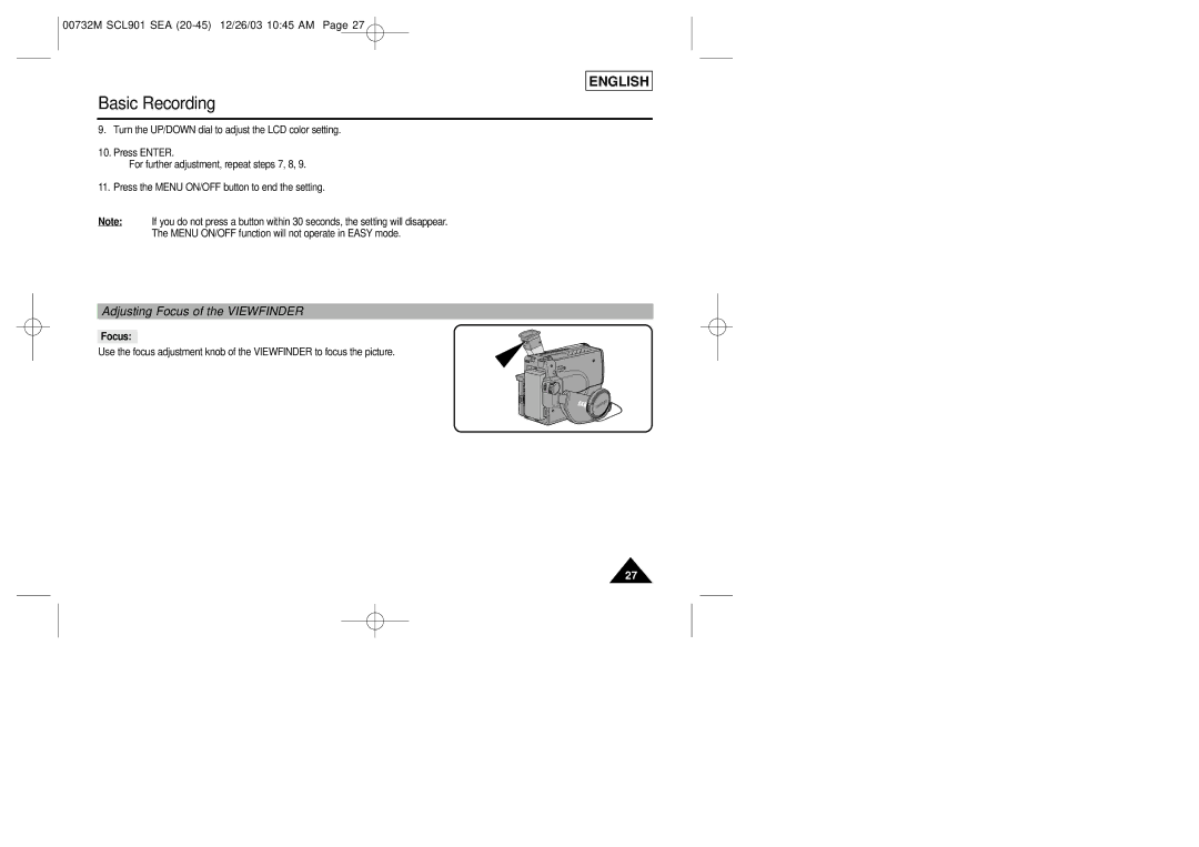 Samsung SCL906, SCL907, SCL901 manual Adjusting Focus of the Viewfinder 