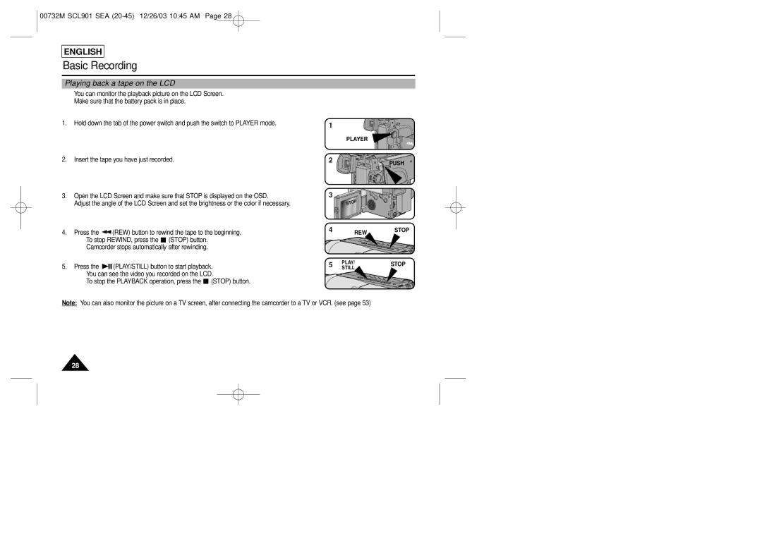 Samsung SCL901, SCL907, SCL906 manual Playing back a tape on the LCD 