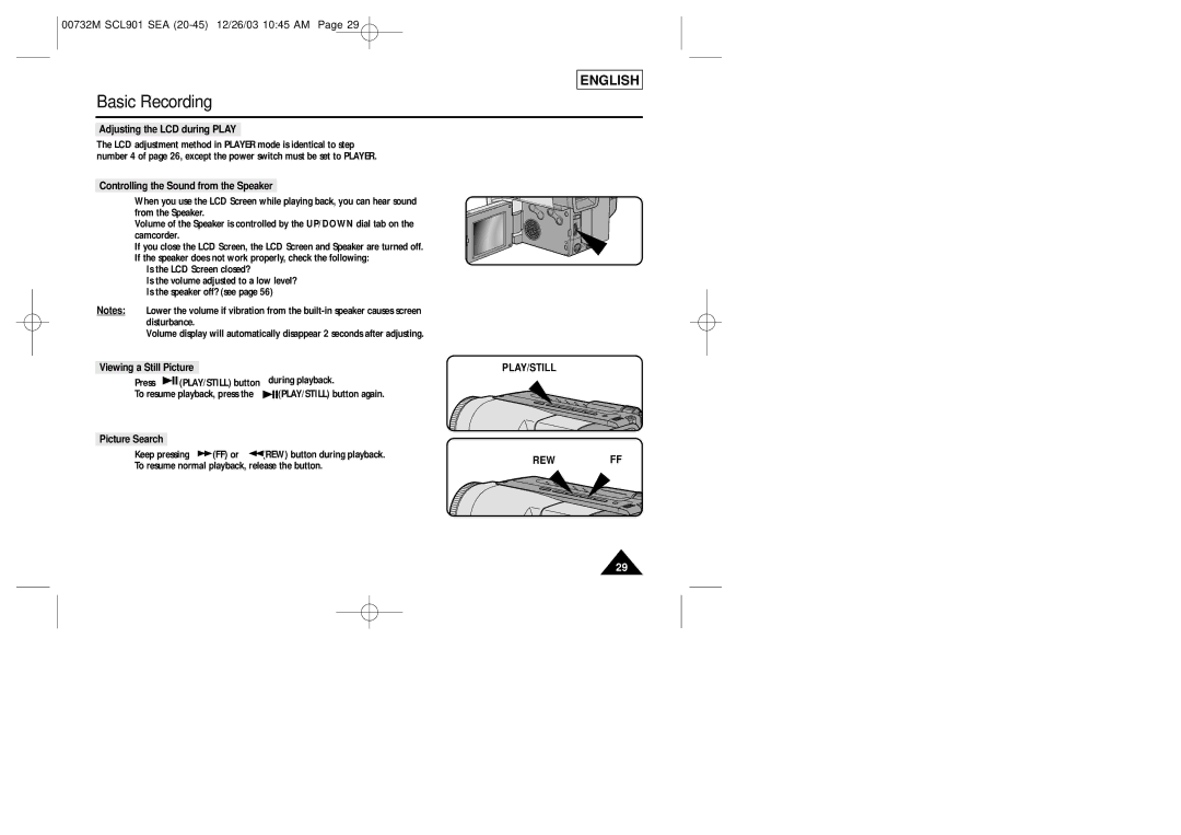 Samsung SCL907, SCL906 manual Adjusting the LCD during Play, Controlling the Sound from the Speaker, Viewing a Still Picture 