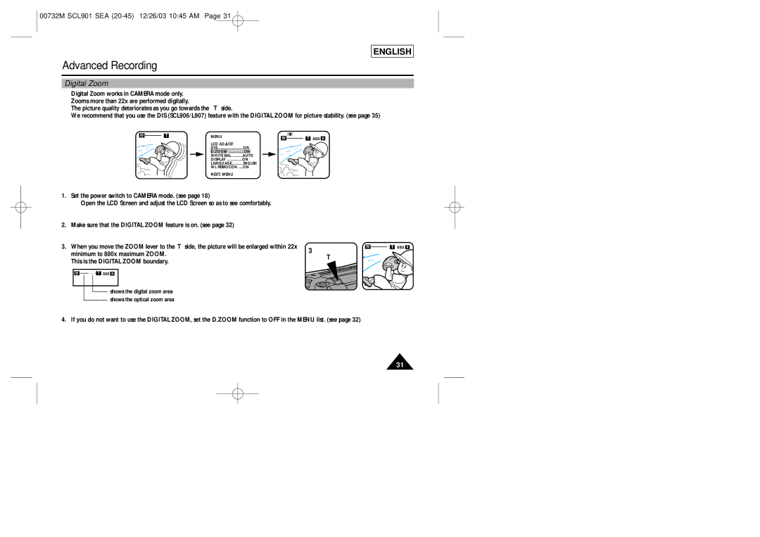 Samsung SCL901, SCL907, SCL906 manual Digital Zoom 