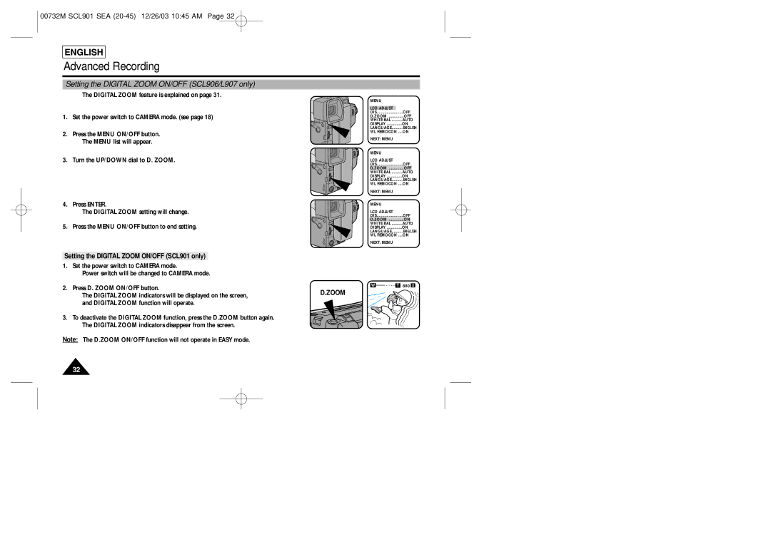 Samsung SCL907 manual Setting the Digital Zoom ON/OFF SCL906/L907 only, Setting the Digital Zoom ON/OFF SCL901 only 