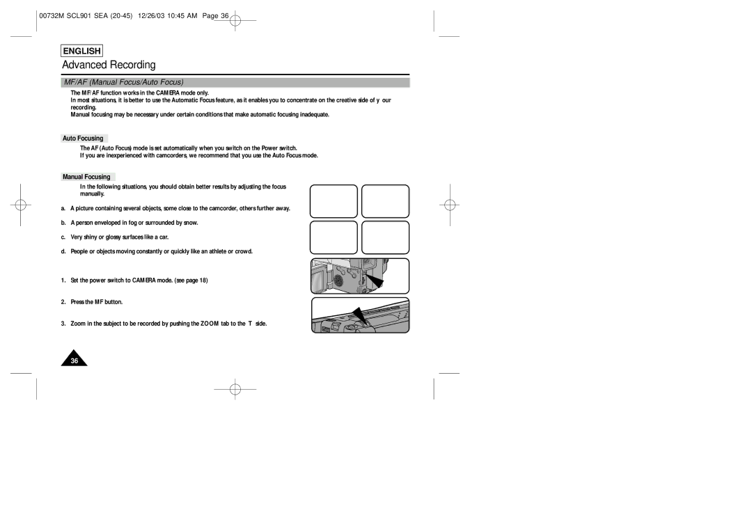 Samsung SCL906, SCL907, SCL901 manual MF/AF Manual Focus/Auto Focus, Auto Focusing, Manual Focusing 