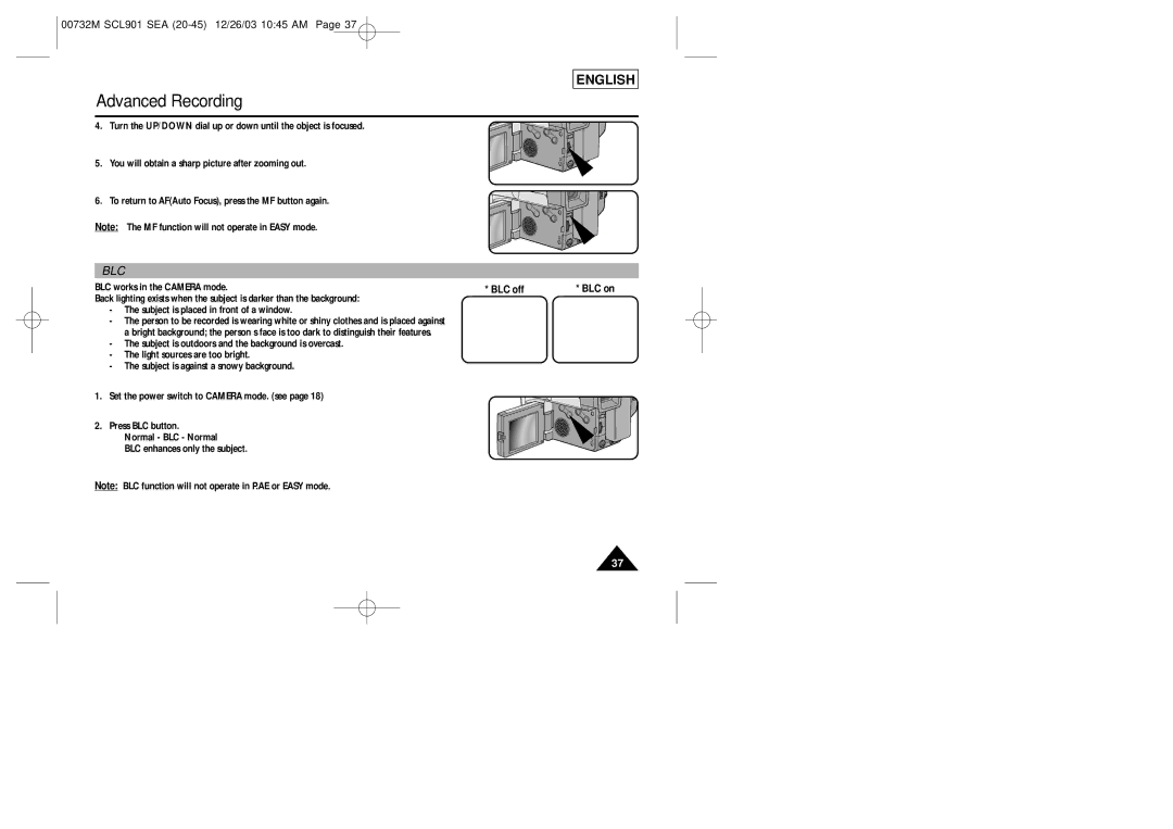 Samsung SCL901, SCL907, SCL906 manual Blc, BLC off 