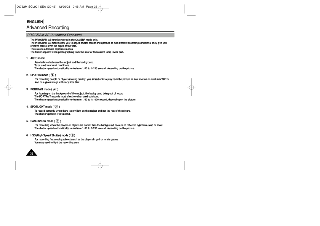 Samsung SCL907, SCL906, SCL901 manual Program AE Automatic Exposure 