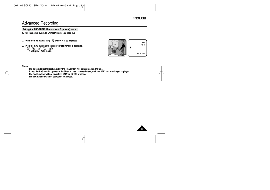 Samsung SCL906, SCL907, SCL901 manual Setting the Program AEAutomatic Exposure mode 