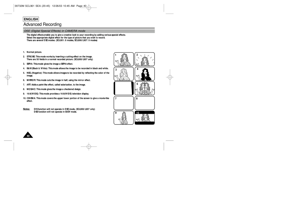 Samsung SCL901, SCL907, SCL906 manual DSE Digital Special Effects in Camera mode 