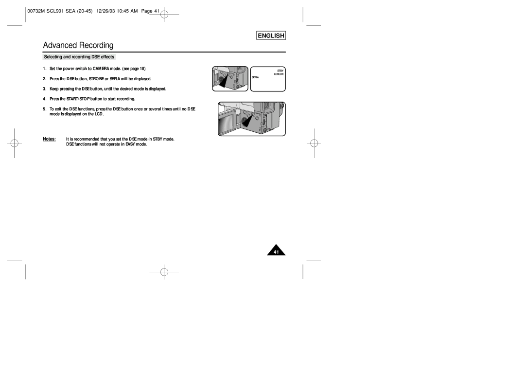 Samsung SCL907, SCL906, SCL901 manual Selecting and recording DSE effects 