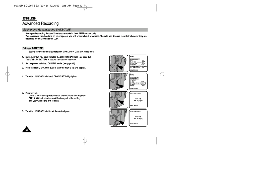 Samsung SCL906, SCL907, SCL901 manual Setting and Recording the DATE/TIME, Setting a DATE/TIME 