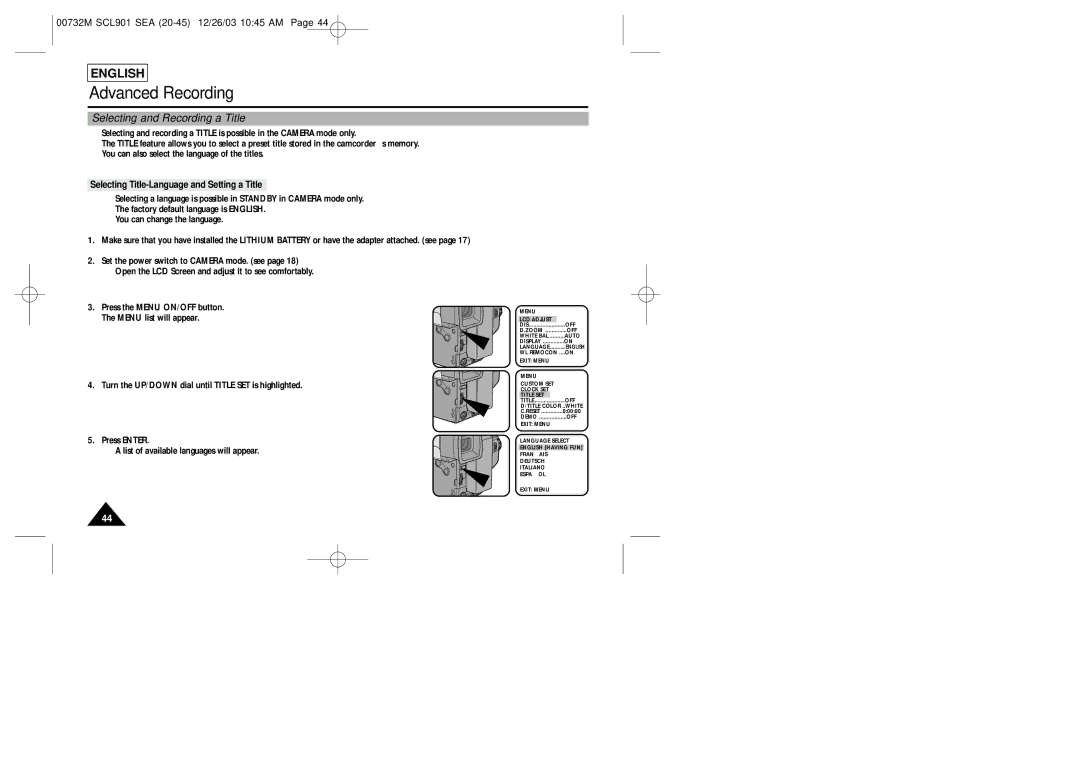 Samsung SCL907, SCL906, SCL901 manual Selecting and Recording a Title, Selecting Title-Language and Setting a Title 