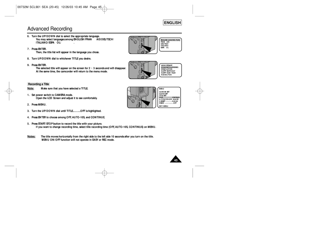 Samsung SCL906, SCL907, SCL901 manual Italiano/Españ Ol/Pycck»…, Recording a Title 