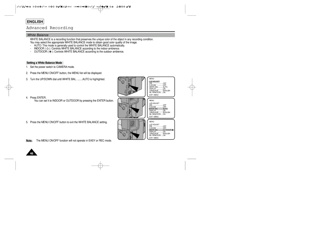 Samsung SCL906, SCL907, SCL901 manual Setting a White Balance Mode 