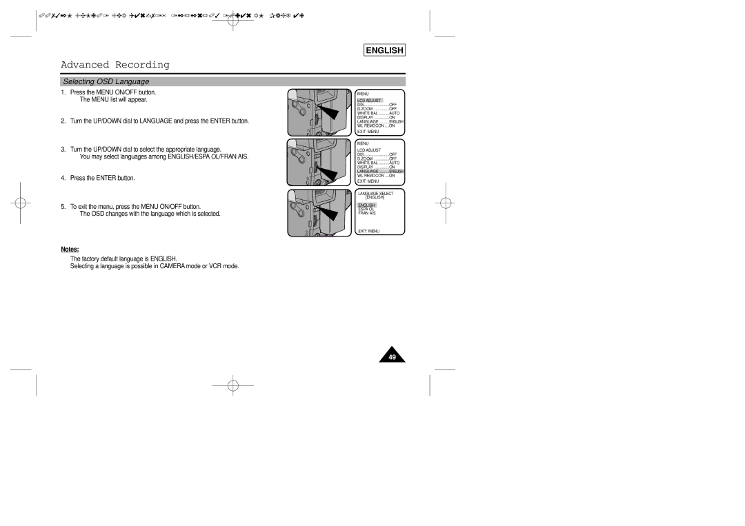 Samsung SCL901, SCL907, SCL906 manual Selecting OSD Language 