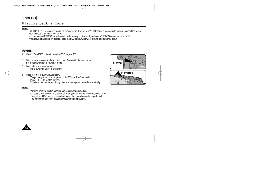 Samsung SCL906, SCL907, SCL901 manual Playing back a Tape, Playback, Player, Play/Still 