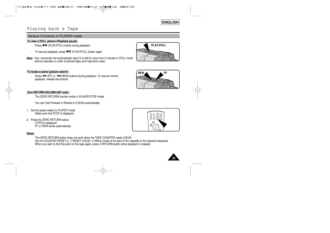 Samsung SCL901 Various Functions in Player mode, To view a Still picture Playback pause, To locate a scene picture search 