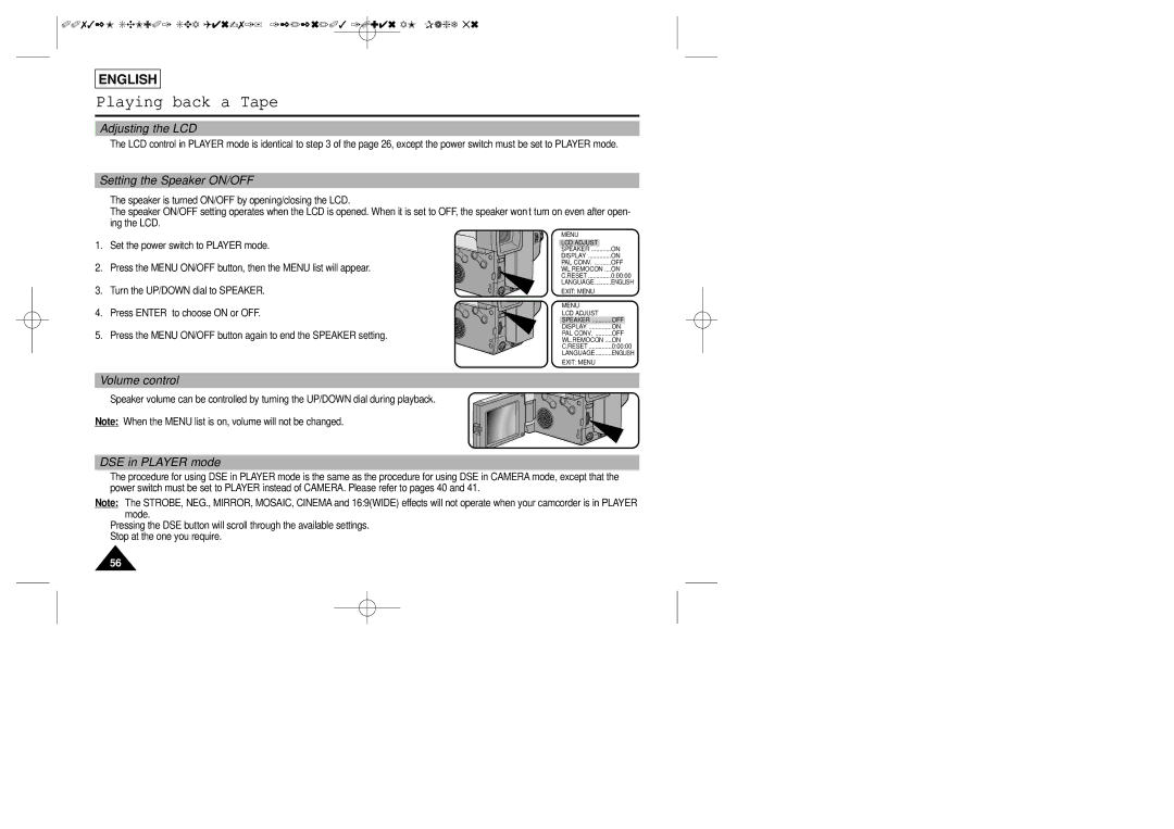 Samsung SCL907, SCL906, SCL901 manual Setting the Speaker ON/OFF, Volume control, DSE in Player mode 