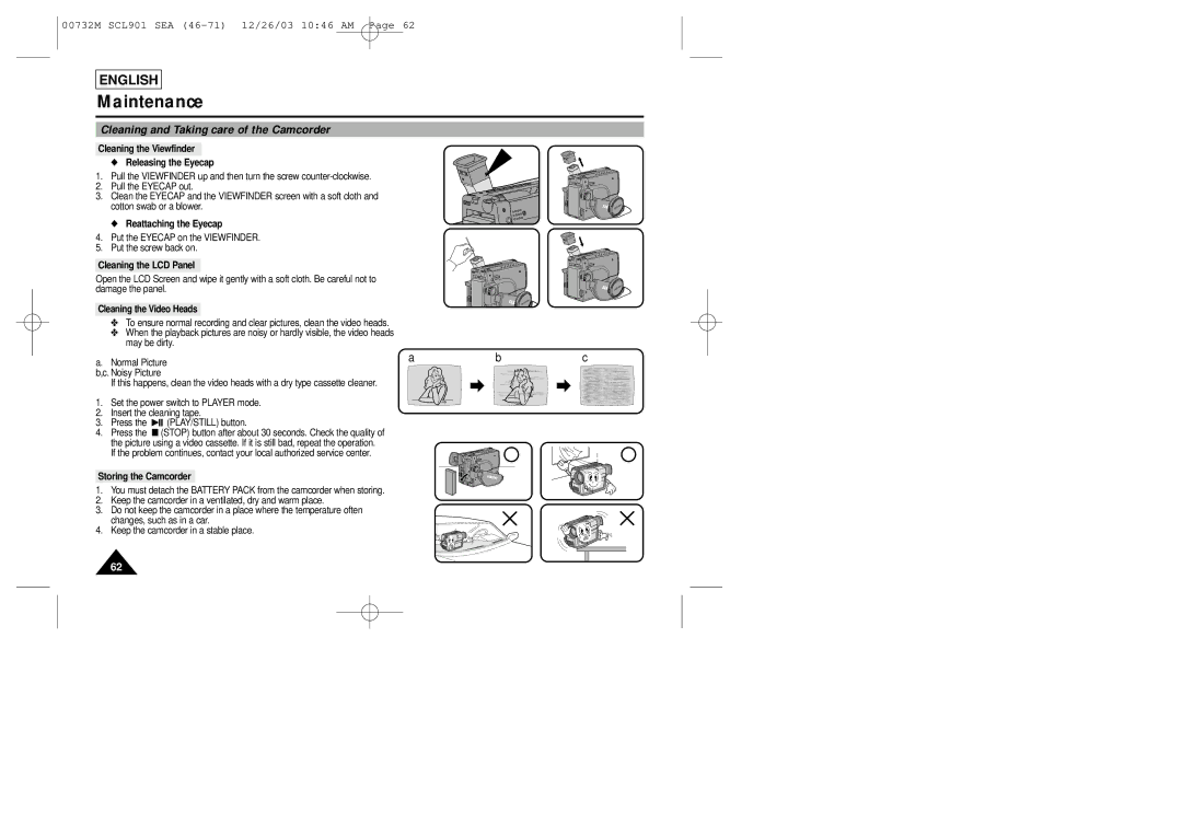 Samsung SCL907, SCL906, SCL901 manual Maintenance, Cleaning and Taking care of the Camcorder 