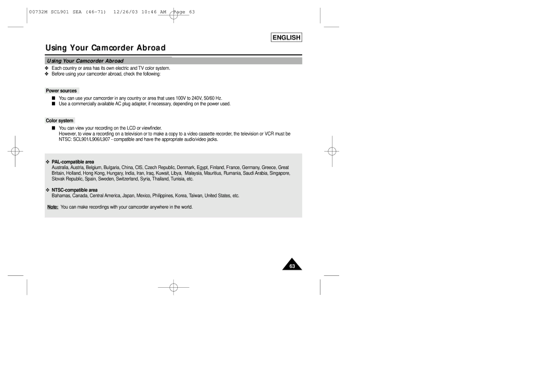 Samsung SCL906, SCL907, SCL901 manual Using Your Camcorder Abroad 