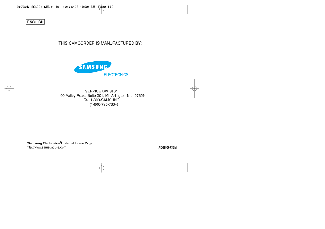 Samsung SCL906, SCL907, SCL901 manual This Camcorder is Manufactured by, AD68-00732M 