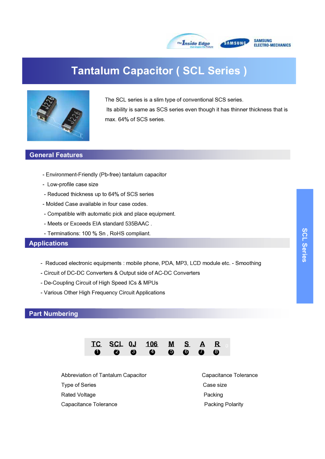 Samsung SCLSeries manual Tantalum Capacitor SCL Series 