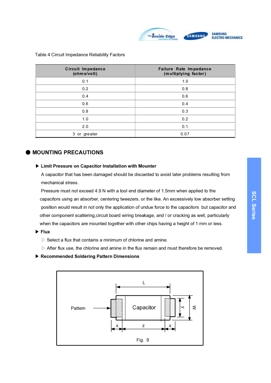 Samsung SCLSeries manual Mounting Precautions, Limit Pressure on Capacitor Installation with Mounter, Flux 