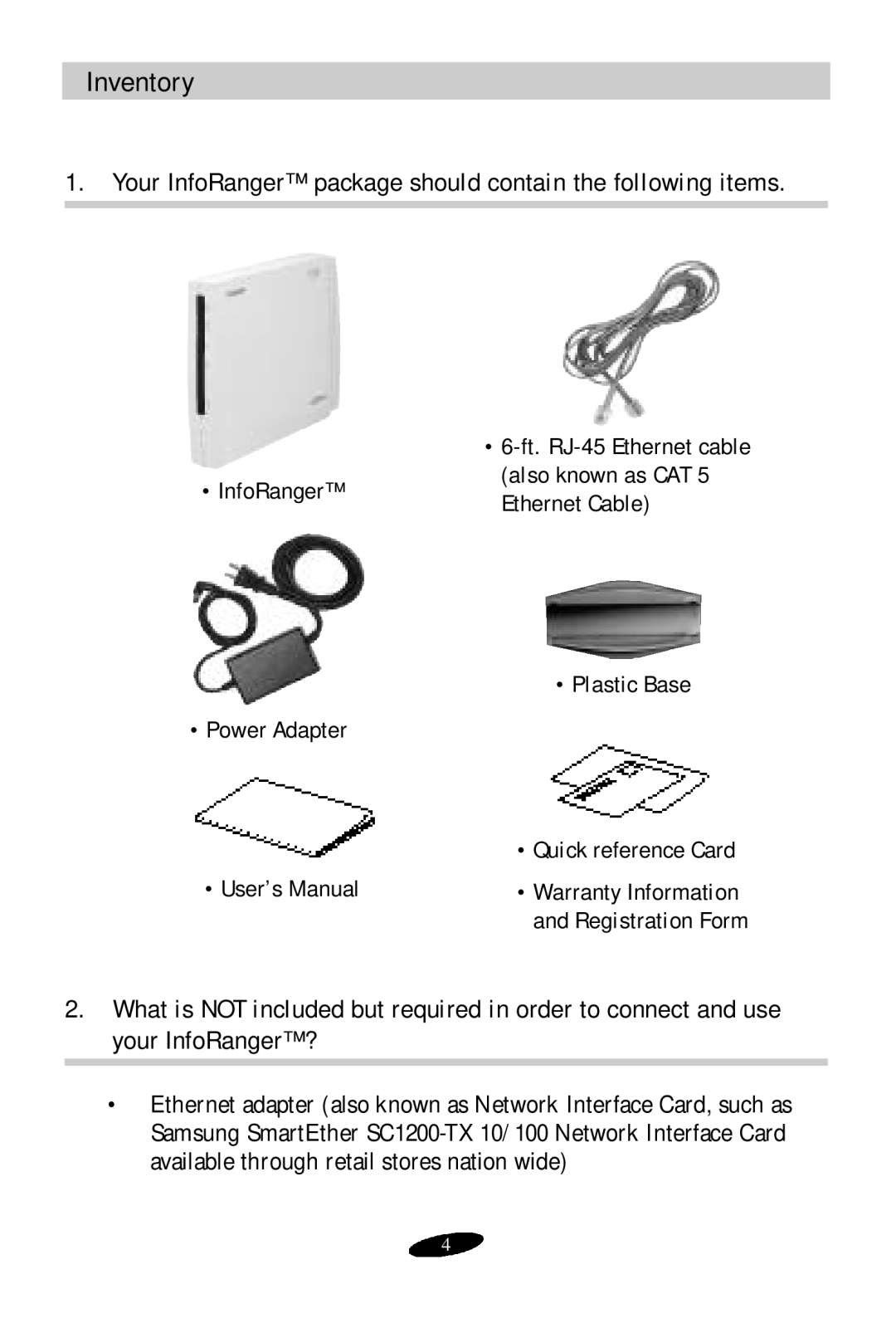 Samsung SCM-100R user manual Inventory, Your InfoRanger package should contain the following items 