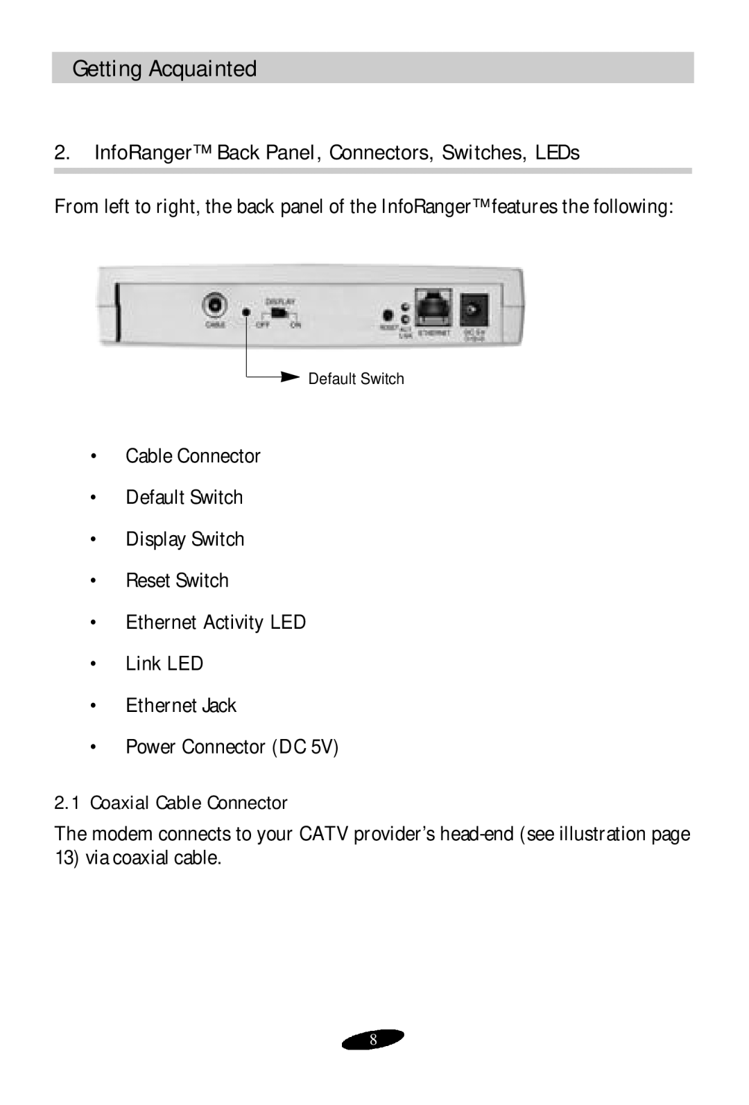 Samsung SCM-100R user manual InfoRanger Back Panel, Connectors, Switches, LEDs, Coaxial Cable Connector 