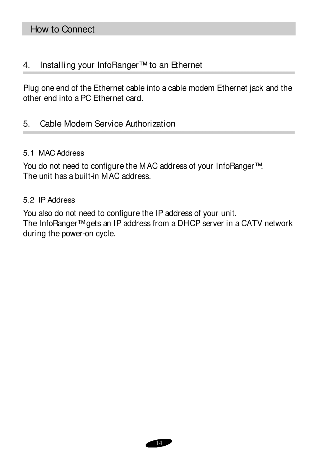 Samsung SCM-100R Installing your InfoRanger to an Ethernet, Cable Modem Service Authorization, MAC Address, IP Address 