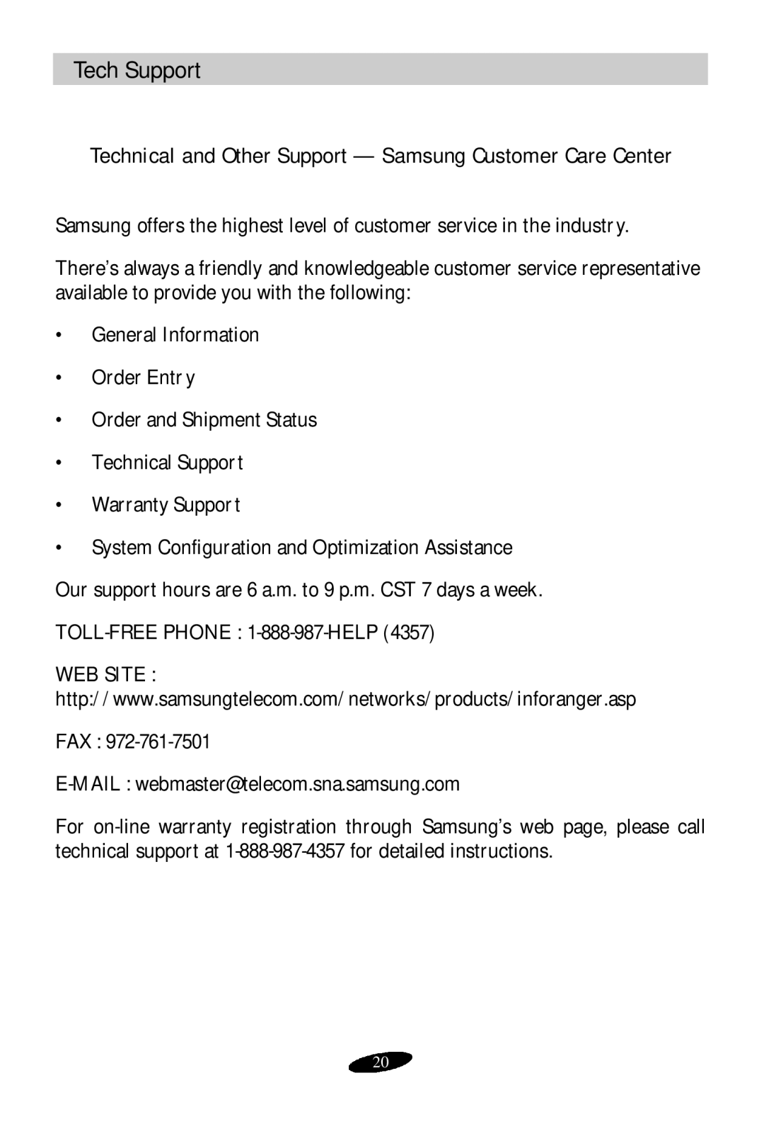 Samsung SCM-100R user manual Tech Support, Technical and Other Support Samsung Customer Care Center 