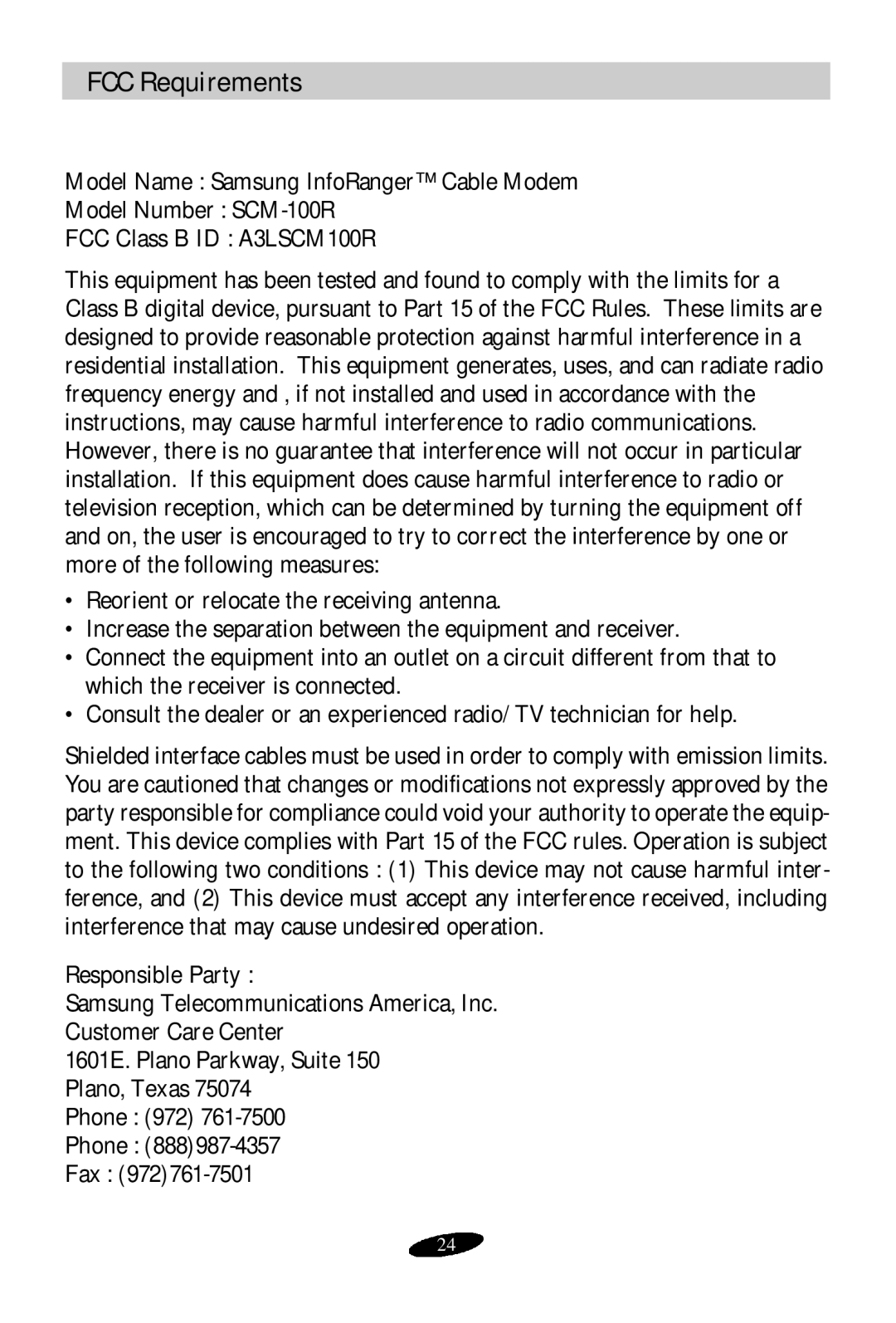 Samsung SCM-100R user manual FCC Requirements 