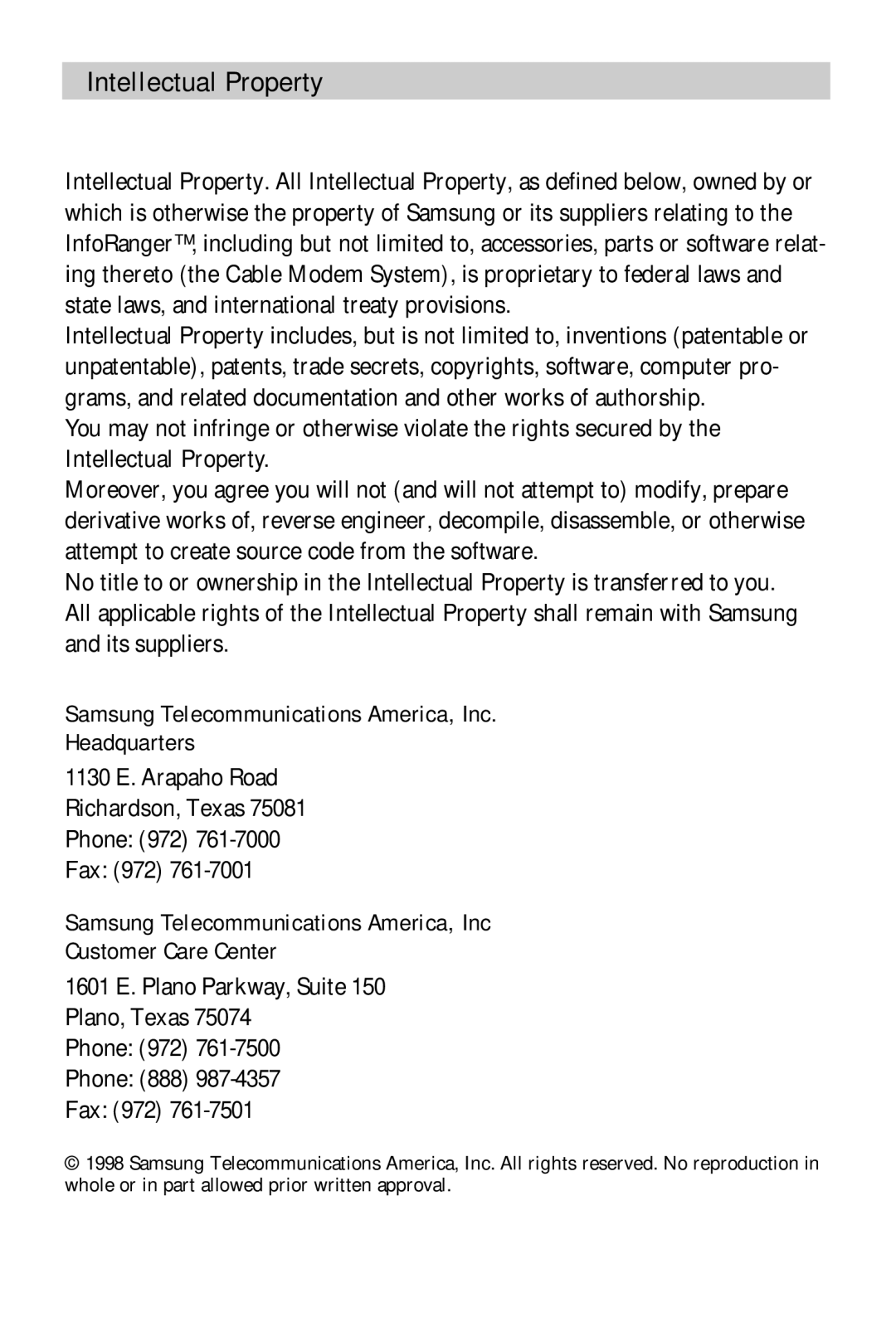 Samsung SCM-100R user manual Intellectual Property, Samsung Telecommunications America, Inc Headquarters 