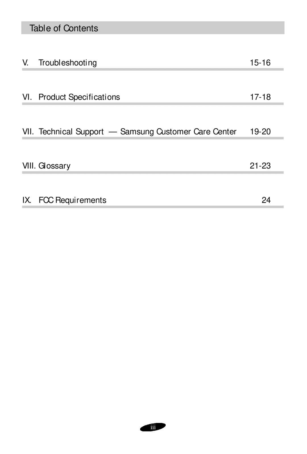 Samsung SCM-100R Troubleshooting 15-16 VI. Product Specifications 17-18, 19-20, VIII. Glossary 21-23 IX. FCC Requirements 