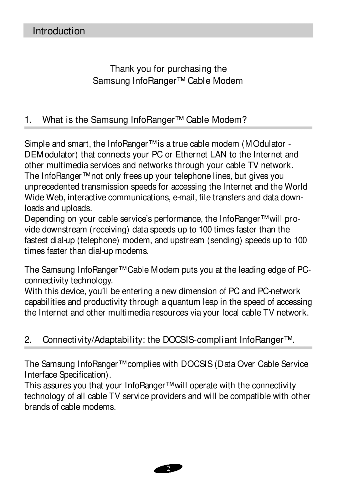 Samsung SCM-100R user manual Introduction, Connectivity/Adaptability the DOCSIS-compliant InfoRanger 