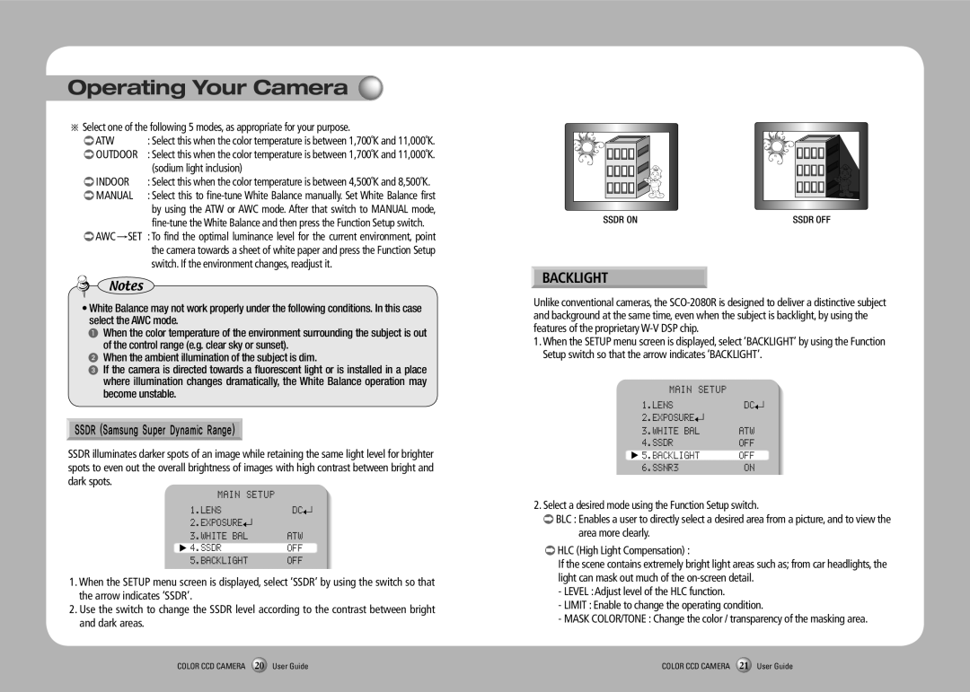 Samsung SCO-2080RP manual Backlight, Atw, Indoor, Manual, SSNR3 