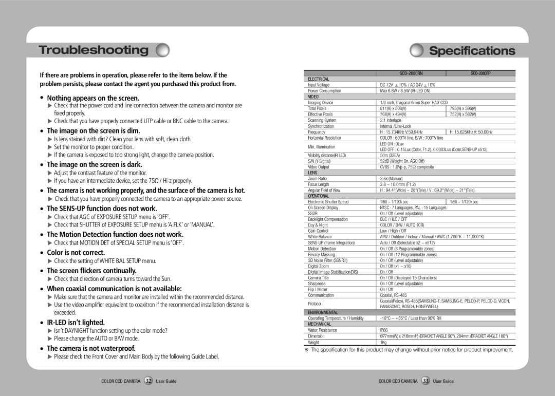 Samsung SCO-2080RP manual Troubleshooting, Specifications, Check that Motion DET of Special Setup menu is ‘OFF’ 